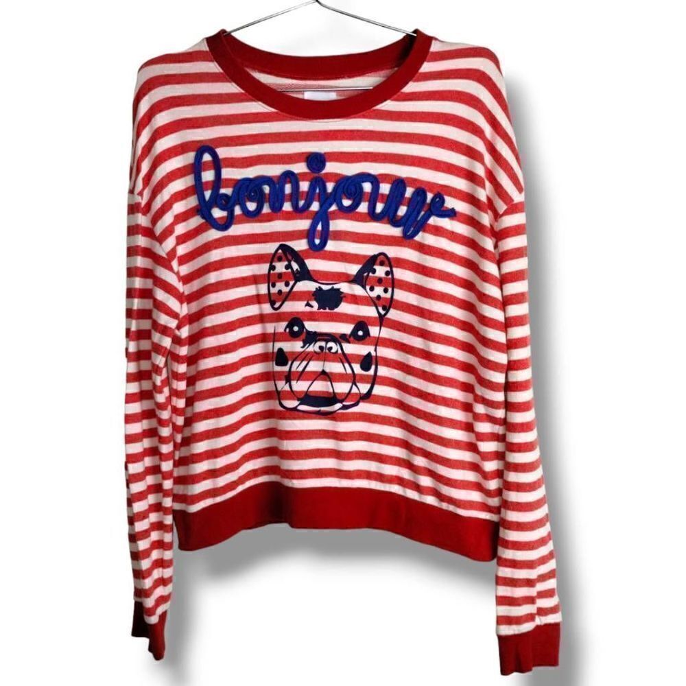 Stripe by N Womens Unisex Tee Shirt‎ Size Small Bonjour Red White Stripes Cotton